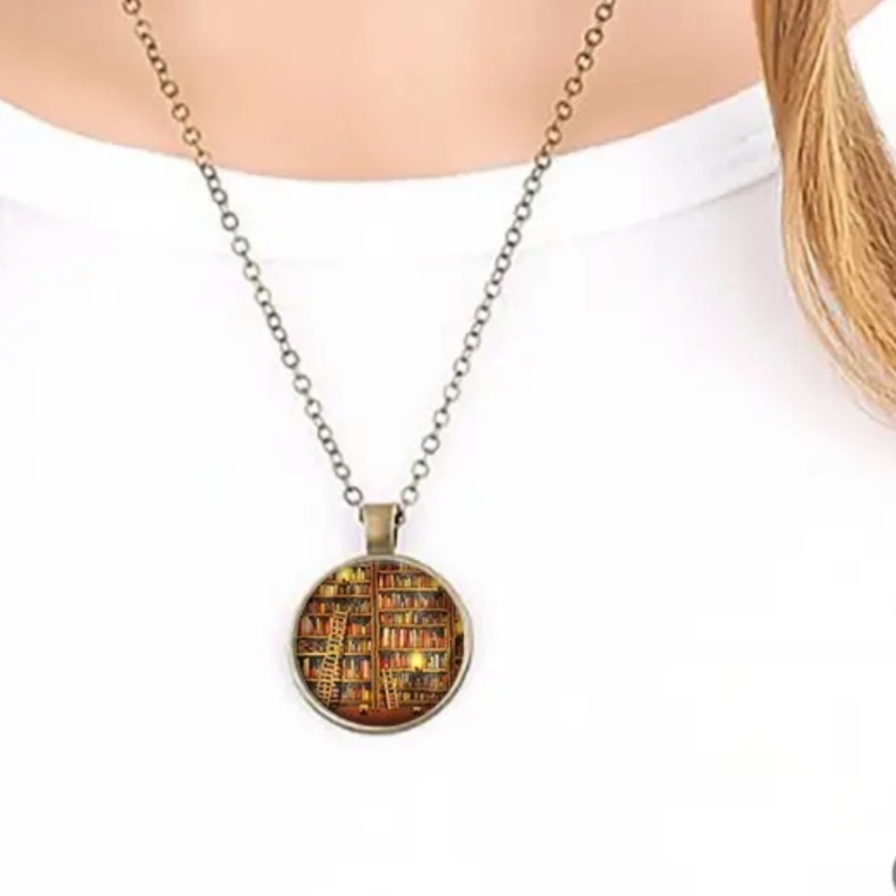 Tahari Library Bookshelf Pendant Necklace Bronze Tone Book Lover Dark Academia